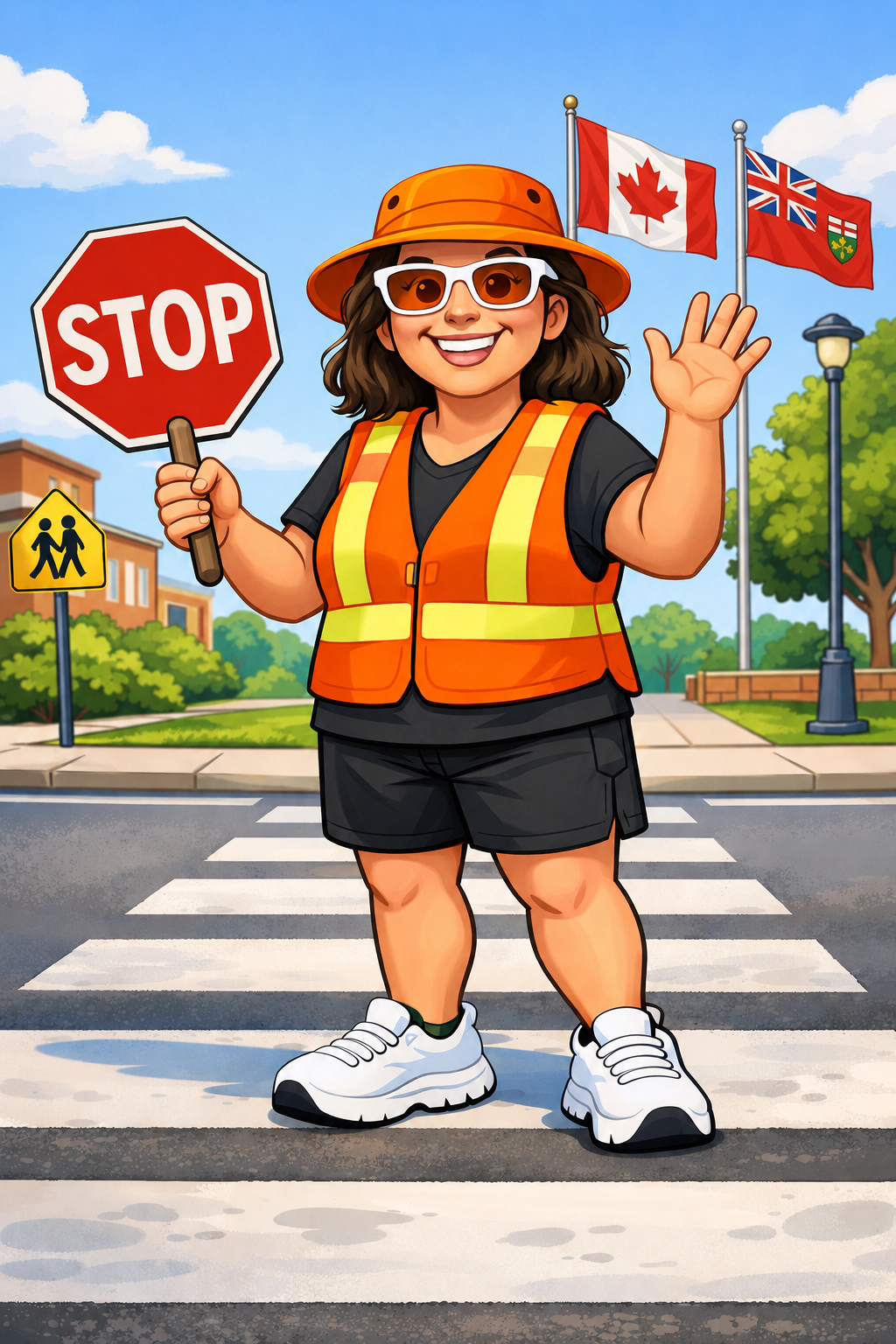 The Calvert Crossing Guard smiling and holding a stop sign